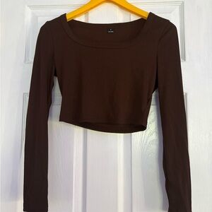 SHEIN Brown Ribbed Long-Sleeve Cropped Top
